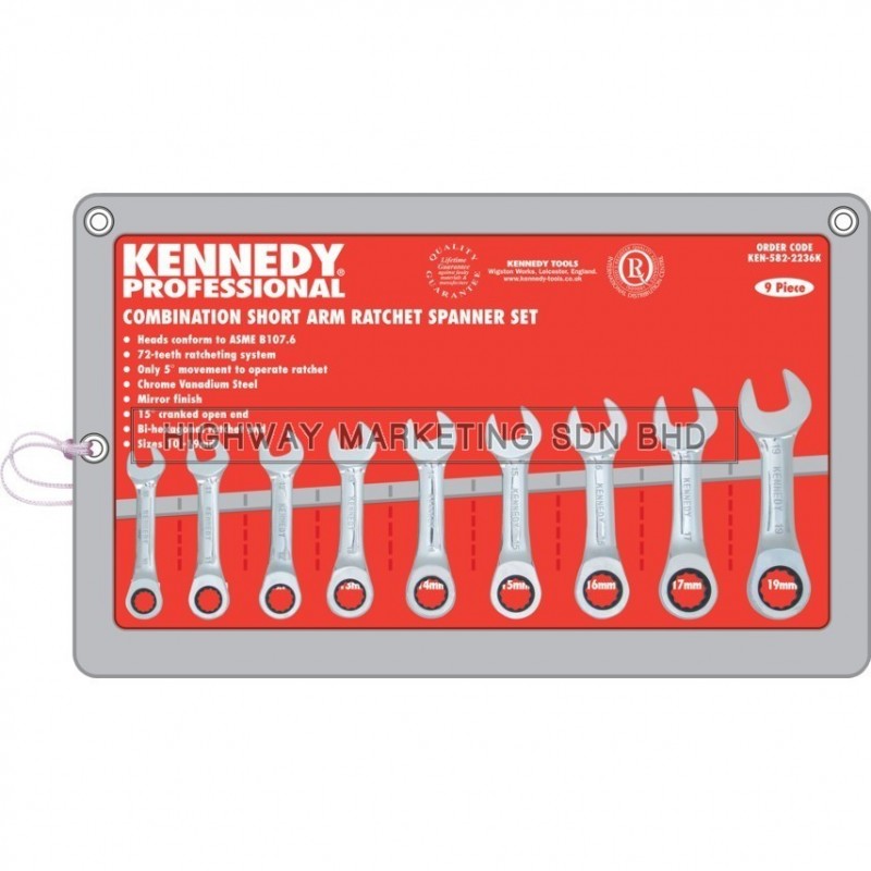 Kennedy KEN5822236K 10-19mm Short Arm Ratchet Combination Spanner Set of 9