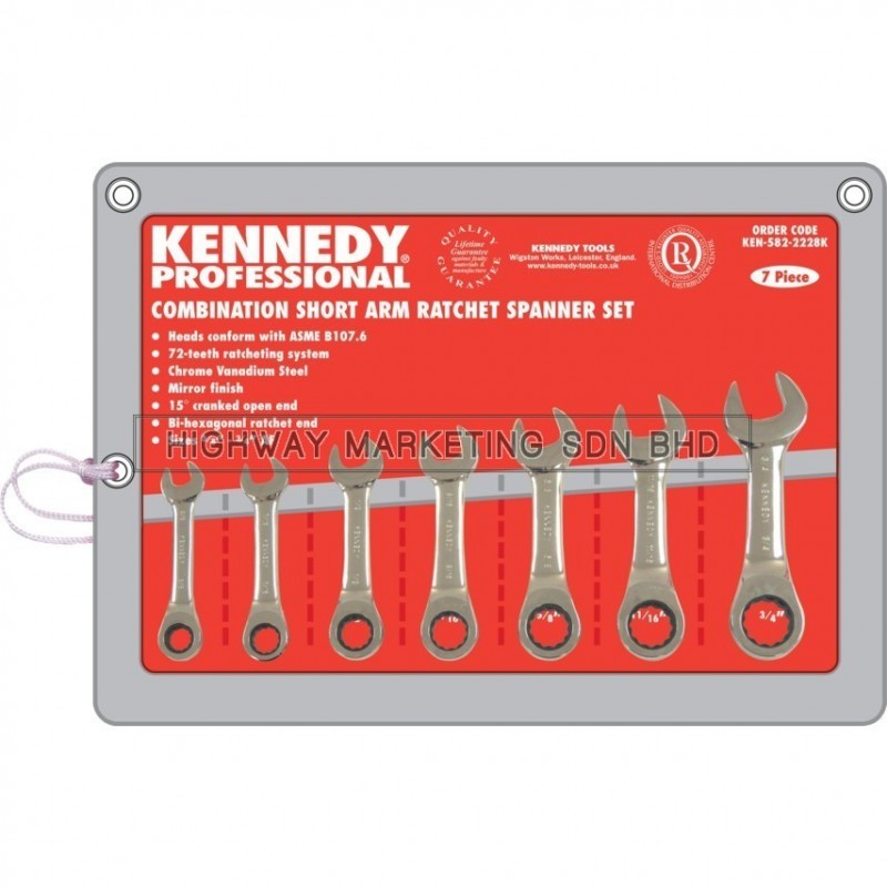 Kennedy KEN5822228K 3/8"-3/4" Short Arm Ratchet Combination Spanner Set of 7