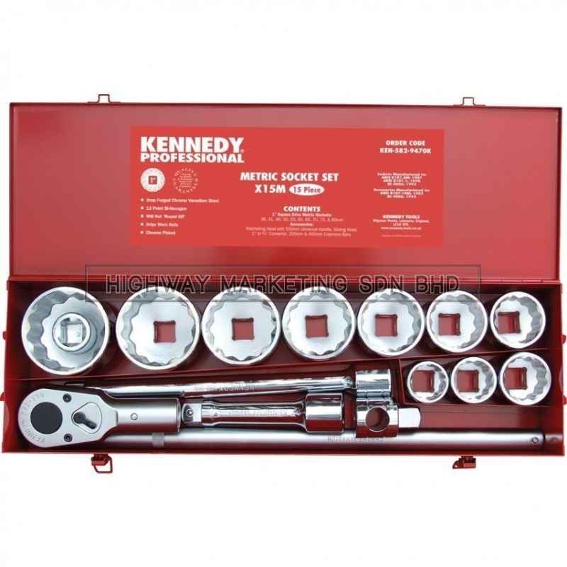 Kennedy KEN5829470K 1" SQ DR Metric Socket Set of 15pcs Kennedy KEN5829470K 1" SQ DR Metric Socket Set of 15pcs