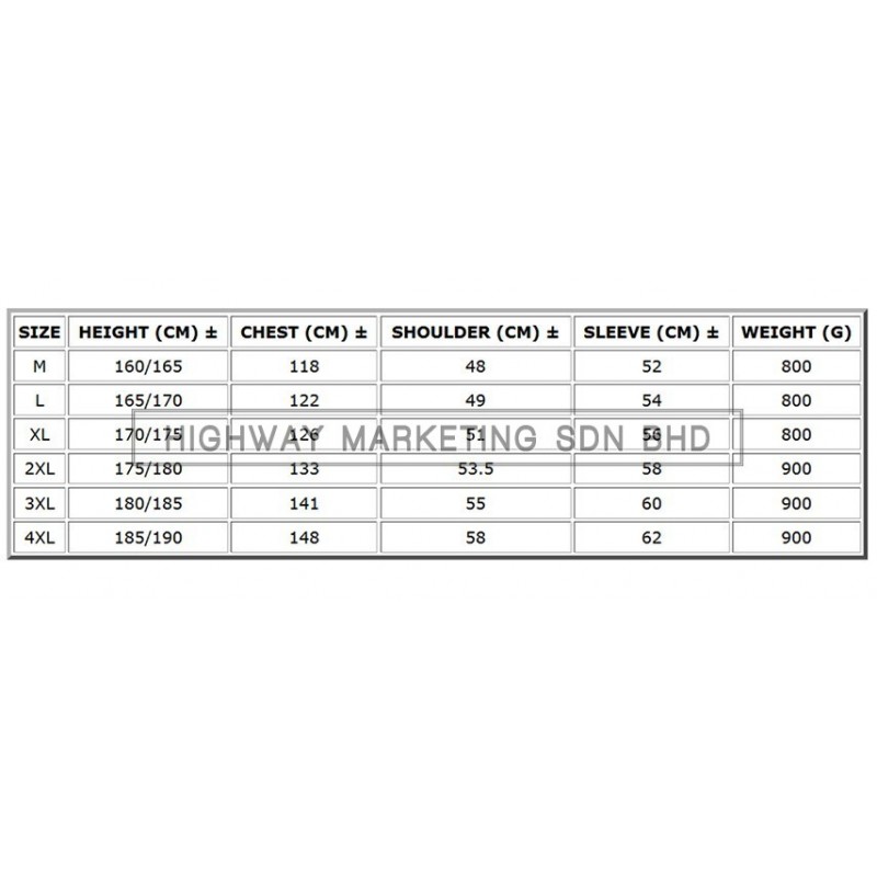 Supersonic Safety Reflective Coverall Size Chart