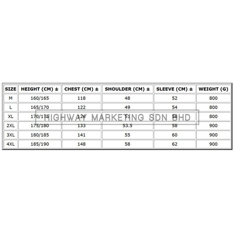 Supersonic Safety Non-Reflective Coverall Size Chart